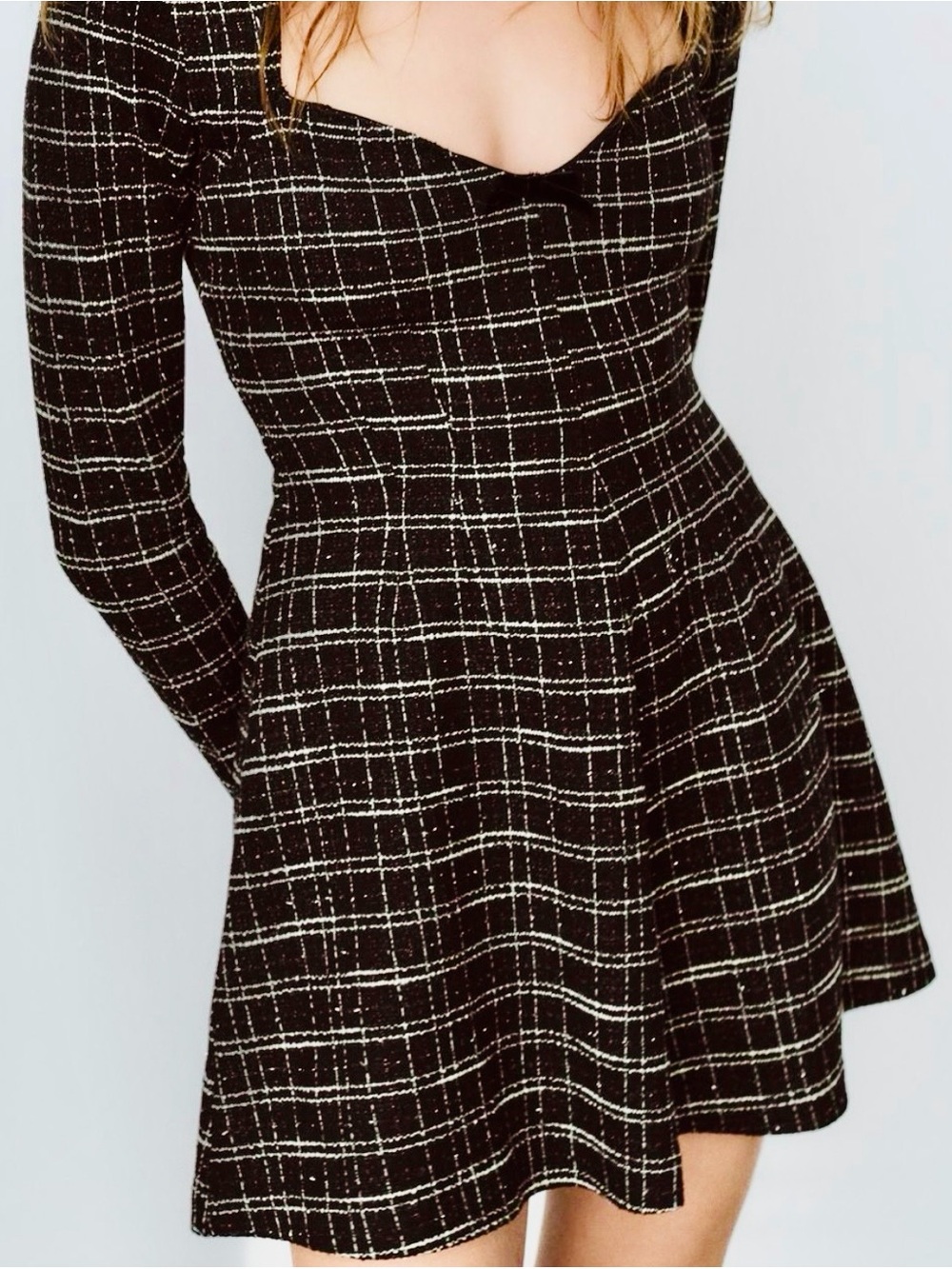 Zara Black Plaid Long-Sleeve Fit & Flare Dress